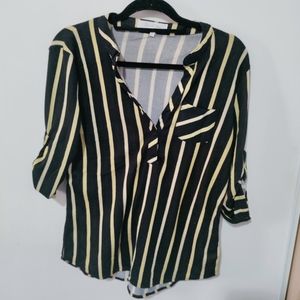 Eden & Olivia Black Yellow Vertical Stripe Collar Button Mid Sleeve Blouse NWT